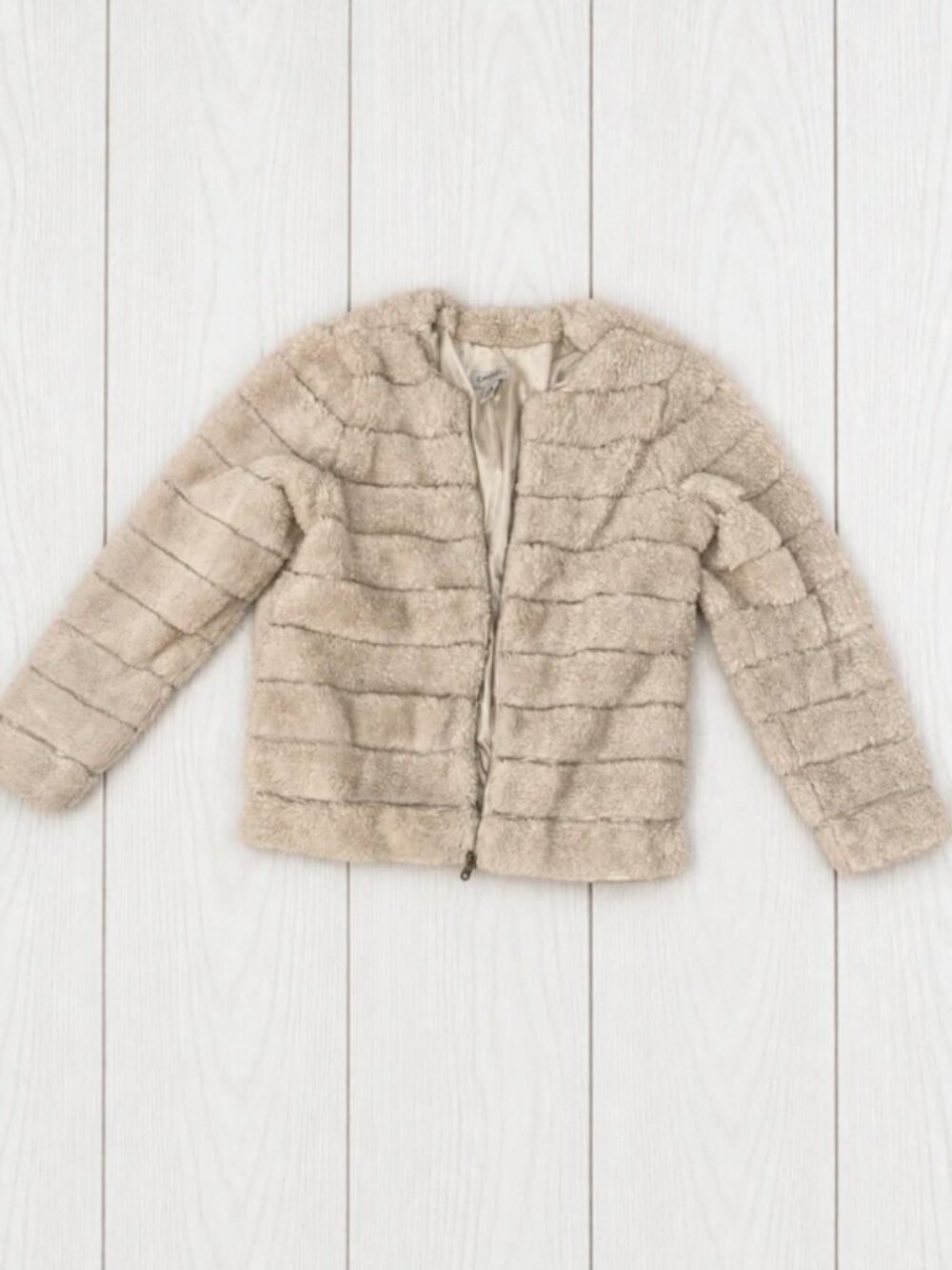 Carmen Marc Valvo Women's Beige Faux Fur Zip Lined Short Jacket Size L